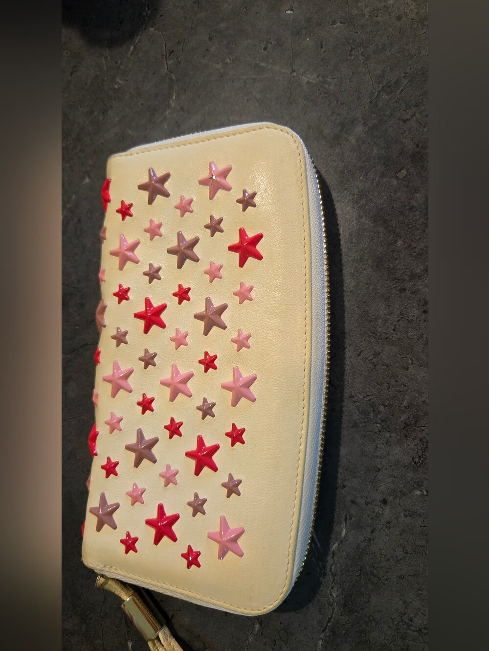 Authentic Jimmy Choo Cream Star-Studded Zip Wallet W/COA